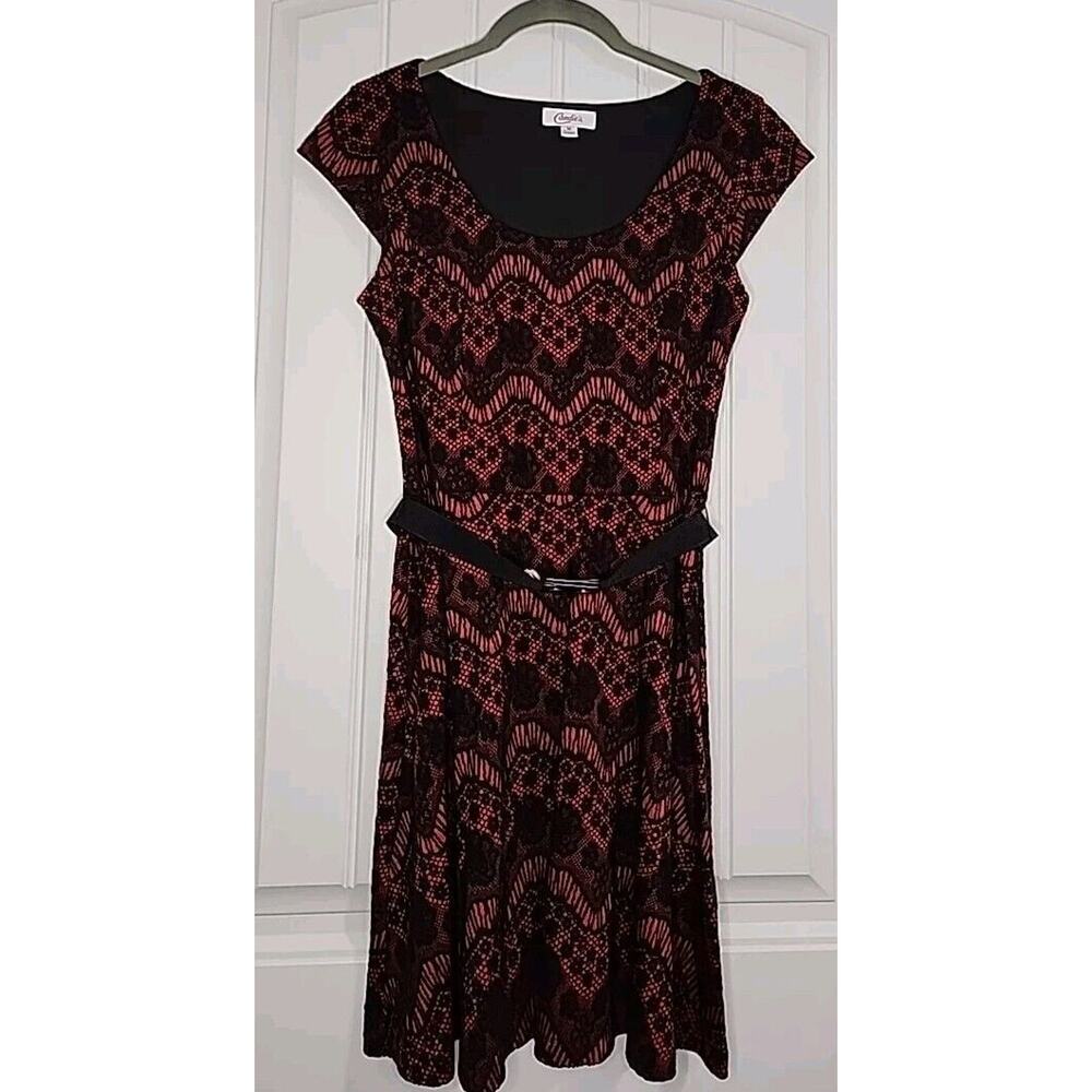 Candies's Junior's Dress Red Black Lace Stretch Belt Short Sleeve Size Med